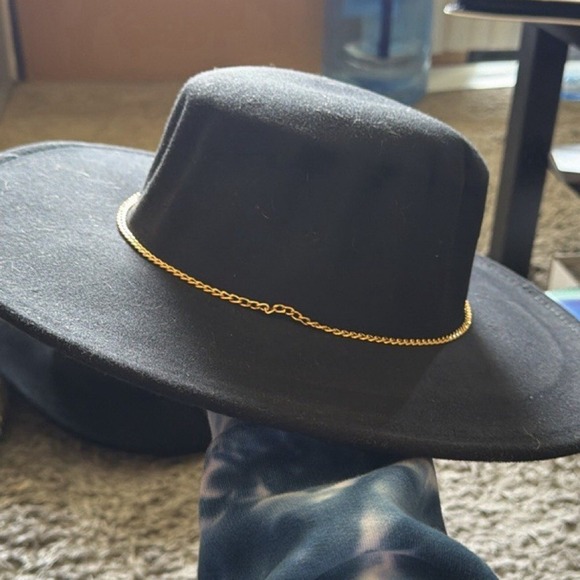 Womens Black Wide Brim Fedora Hat Gold Trim Detail Classic Style Set of 2 Caps main image 5